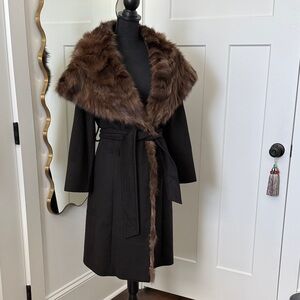 Cinzia Rocca Black Cashmere/Angora Wrap Coat with Brown Sable Fur Collar/Hood
